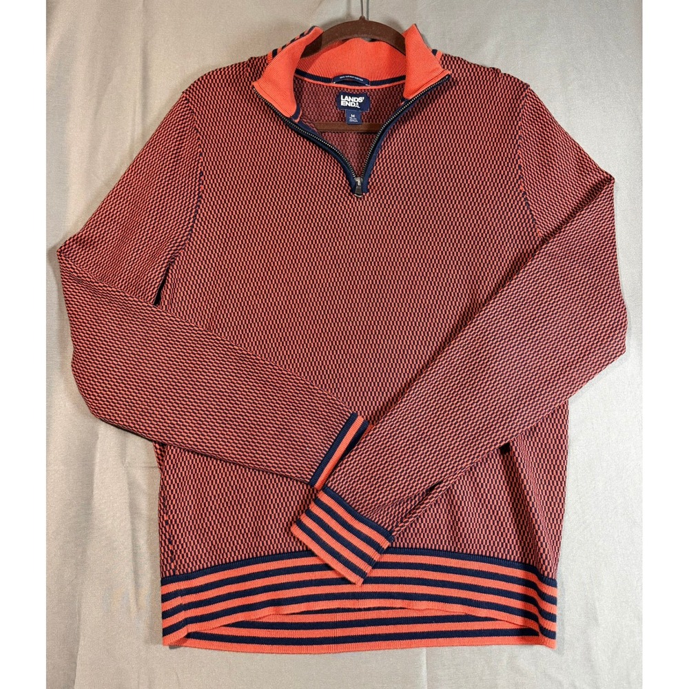 Lands' End Mens Supima Cotton Quarter Zip Sweater Orange Navy Blue Pattern M